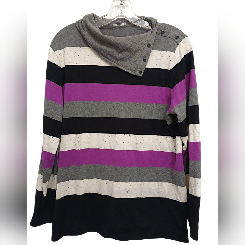 Striped Preppy Top Women's Sz Large Petite Purple Gray Black Fun Cowl Nautical